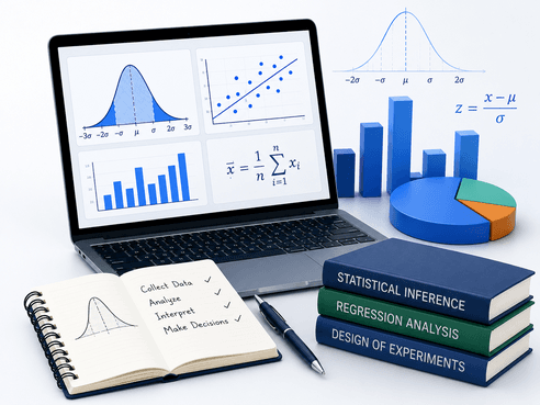 A laptop showing four statistics chart previews (a normal curve, a scatter plot with regression line, a bar chart, and a summary formula) next to a bell curve equation, a notebook with a 'Collect Data, Analyze, Interpret, Make Decisions' checklist, and a stack of statistics reference books.